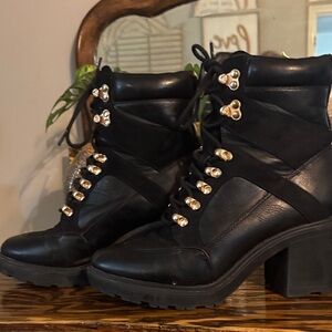 Black Leather Ankle Boots with Gold Accents